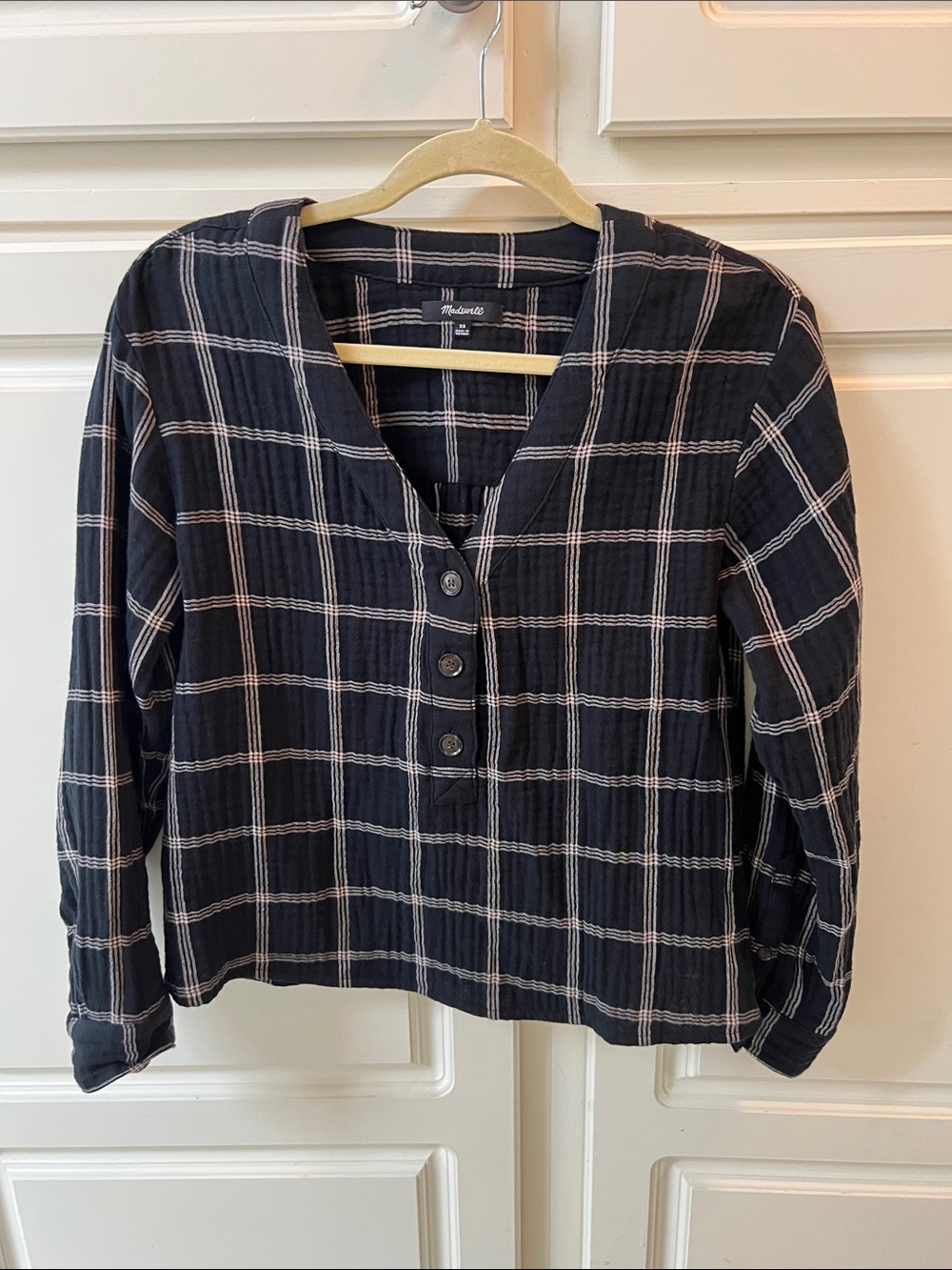 Madewell Black and Tan Plaid Button-Front V-Neck Top